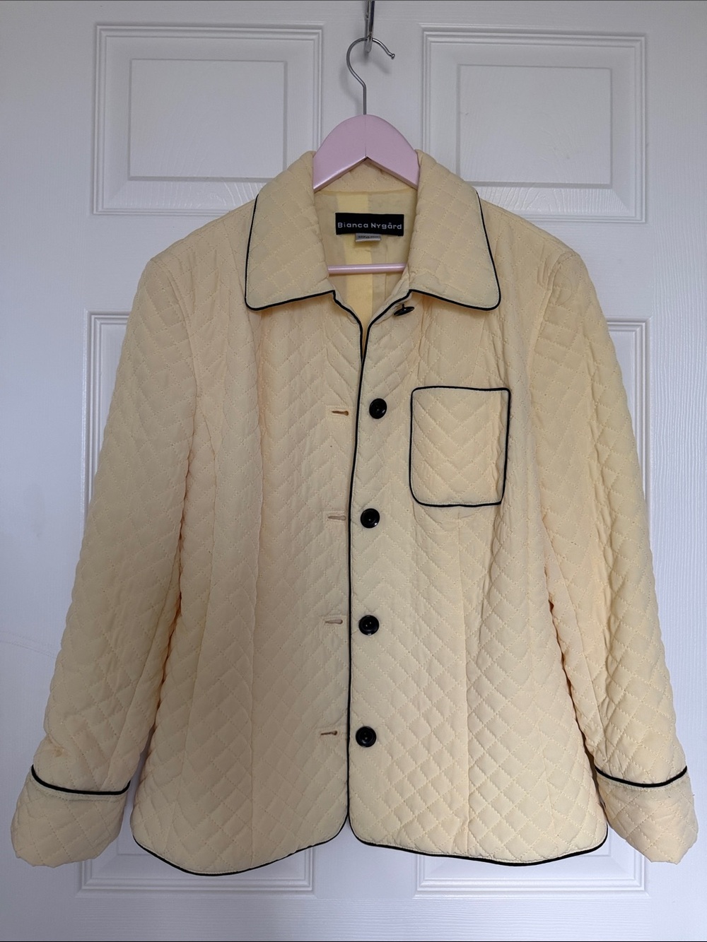 Yellow Quilted Jacket with Black Piping size 12 Bianca Nygard